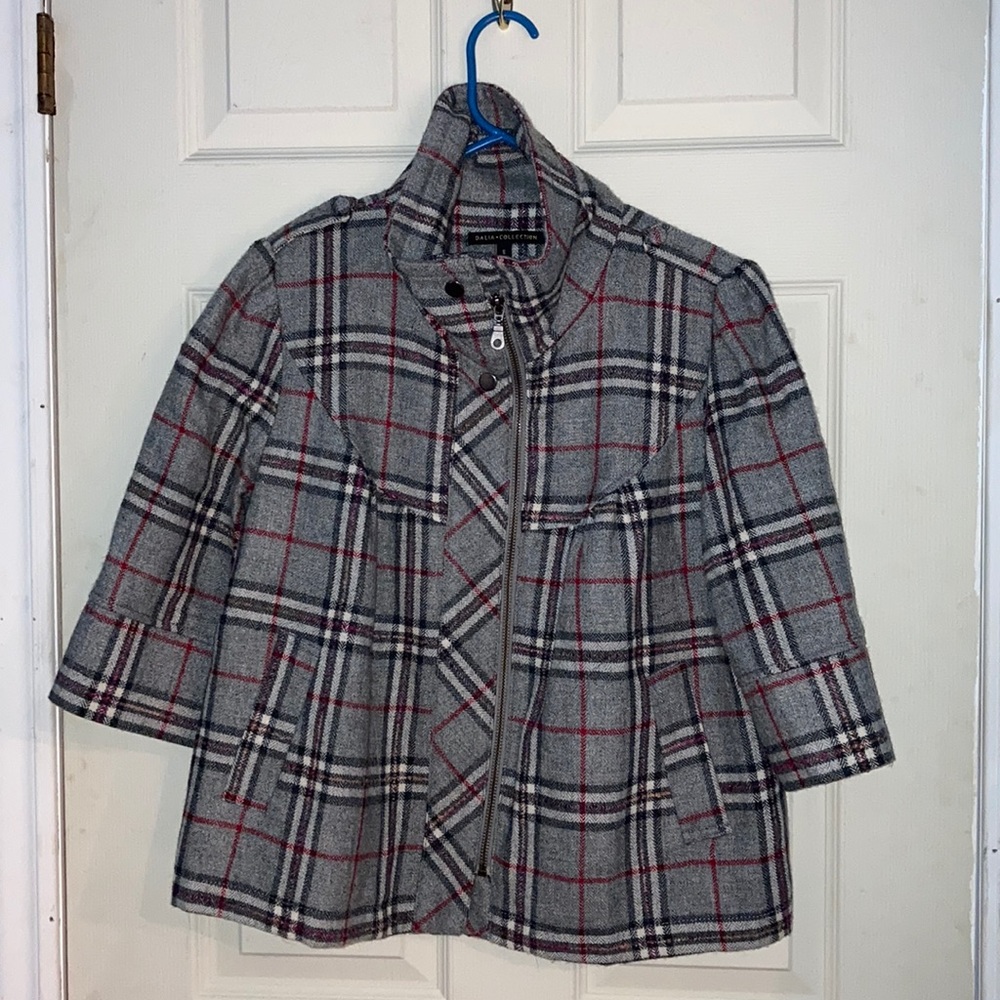 Dalia Collection Gray Plaid Pea Coat